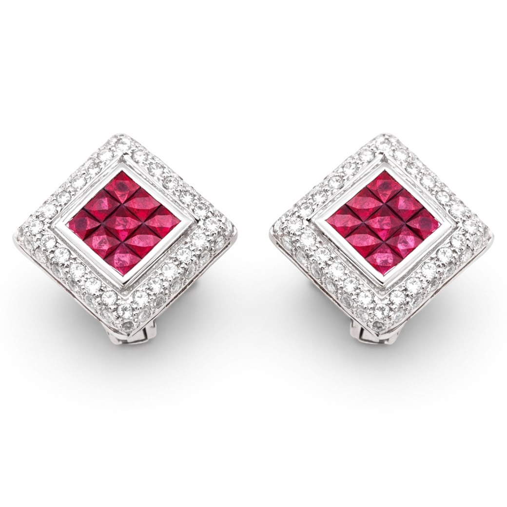 18k Gold Diamond & Ruby Square Earrings: 18k Gold Diamond & Ruby Square EarringsCirca 1980s-1990s, EuropeanPair of square earrings crafted in solid 18K white gold. Each earring is centered with nine invisibly set square-cut rubies arranged i