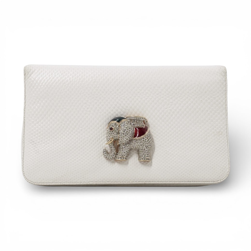 Judith Leiber White Lizard Leather Evening Bag with Jeweled Elephant Motif (1 of 8)