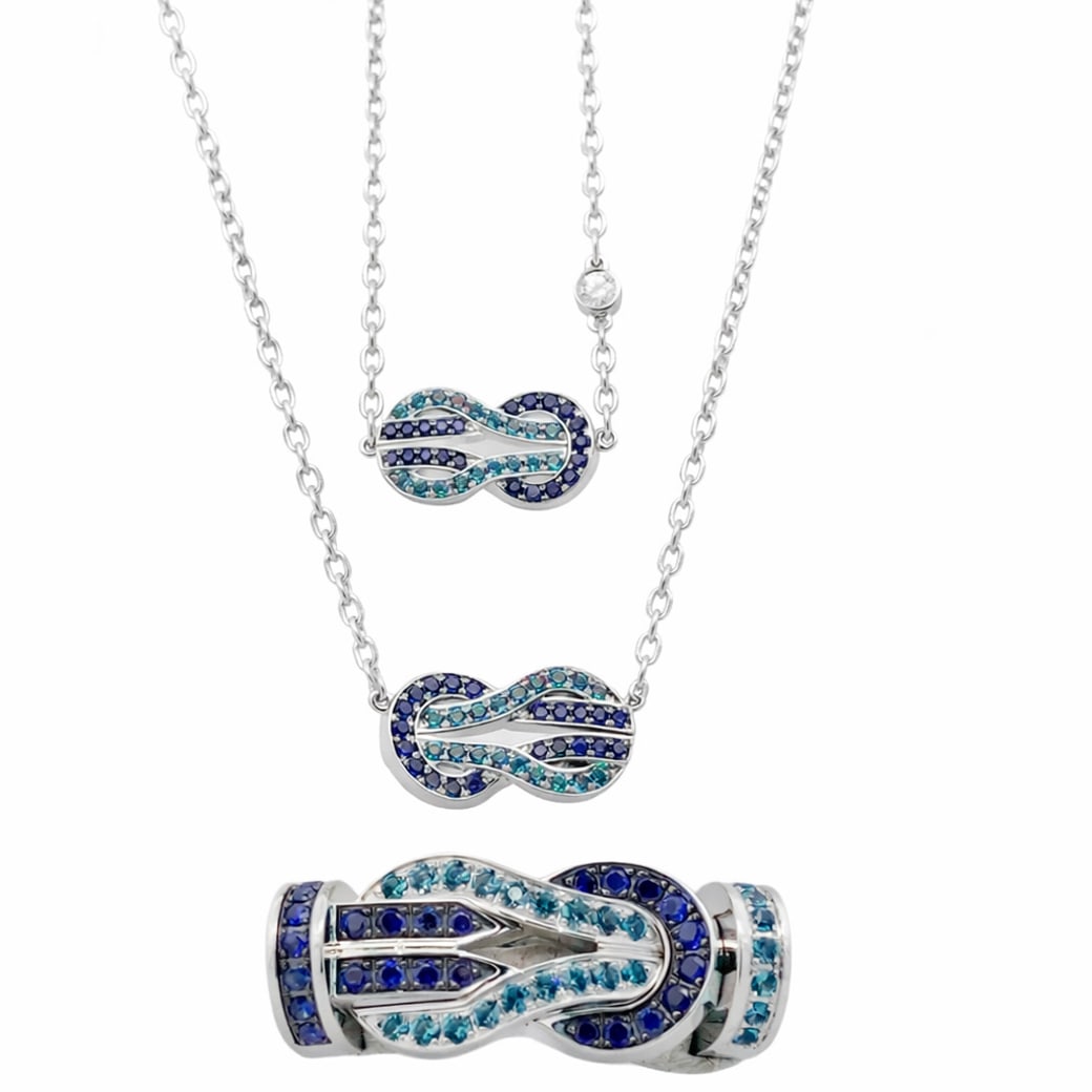 (3 Pcs) FRED of Paris 18k Gold Diamond & Sapphire Set: (3 Pcs) FRED of Paris 18k Gold Diamond & Sapphire Set Circa 2010s, French A coordinated three-piece set from FRED’s Chance Infinie collection, comprising one necklace, one bracelet, and one