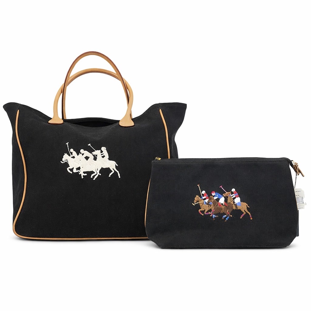 (2 pcs) Ralph Lauren Polo Canvas Tote Bag with Toiletry Pouch: (2 pcs) Ralph Lauren Polo Canvas Tote Bag with Toiletry PouchLate 20th-early 21st century, AmericanA Ralph Lauren cotton canvas tote bag with cowhide leather handles and accents and an embroidered whi