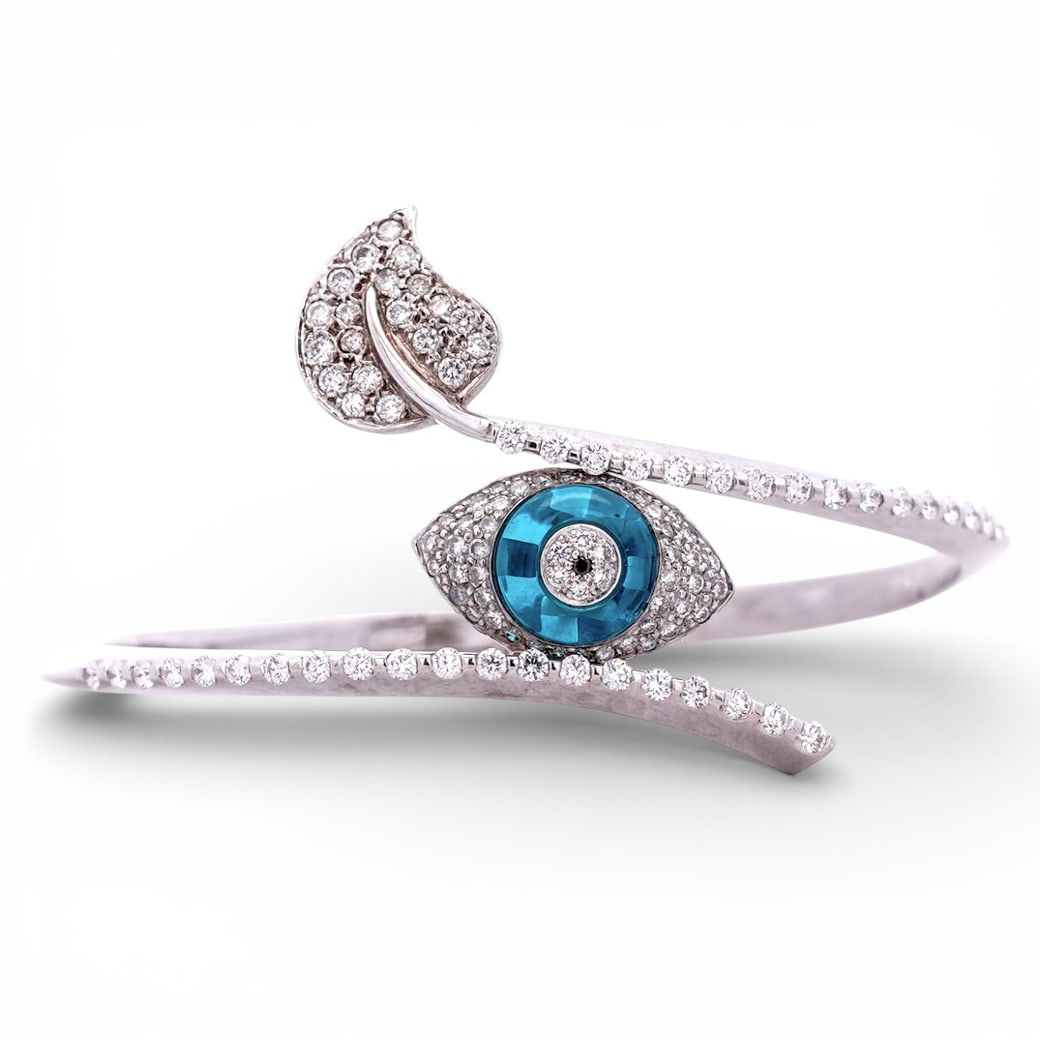 18k Gold Diamond & Blue Glass Cabochon Cuff Bracelet Signed (1 of 8)