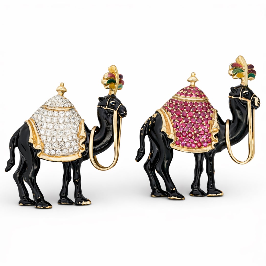 (2 Pcs) 14k Gold Ruby Diamond & Enamel Camel Brooch Set (1 of 5)