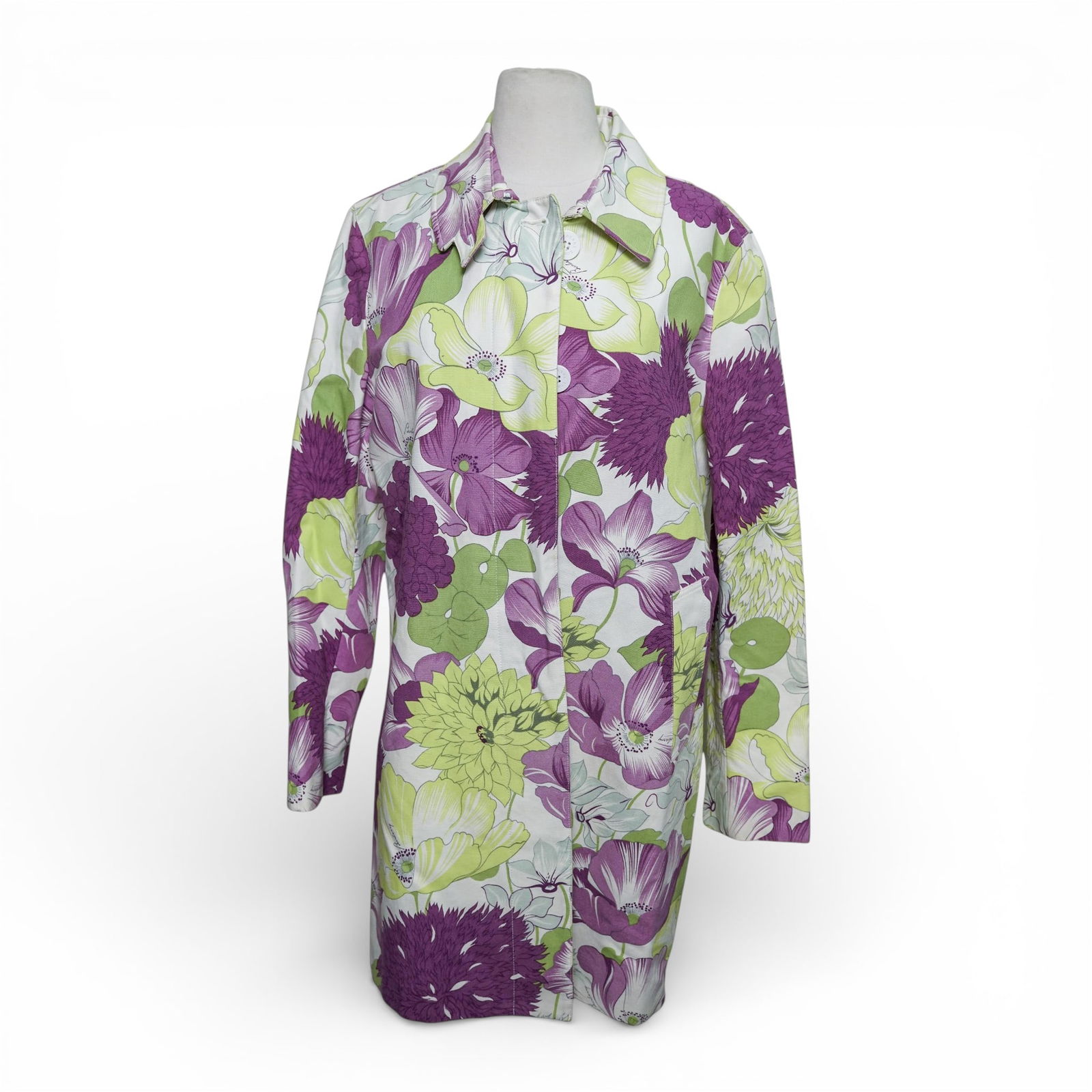 Burberry Floral Trench Coat: Burberry Floral Trench Coat Late 20th-early 21st century, English A Burberry cotton green and purple floral trench coat. Marked on collar tag "Burberry London made in Italy UK 12 US 10". Garment tag
