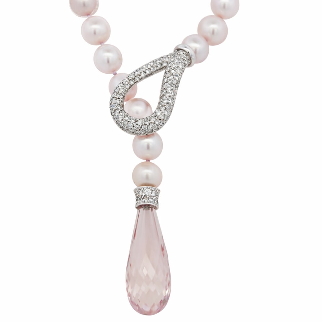 18k Gold Diamond Pearl & Kunzite Necklace: 18k Gold Diamond Pearl & Kunzite NecklaceLate 20th Century, EuropeanPearl necklace composed of pink cultured freshwater pearls, measuring approximately 6.5–7.5 mm, completed with a sculptural 18k wh