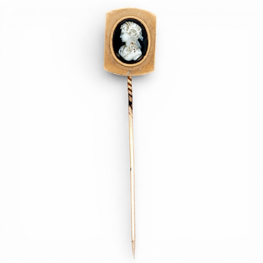 Victorian 18k Gold Cameo Stick Pin: Victorian 18k Gold Cameo Stick Pin Circa 1870s-1890s, European 18k gold Victorian stick pin set with a carved white hardstone cameo of a classical female profile facing left, measuring approximately