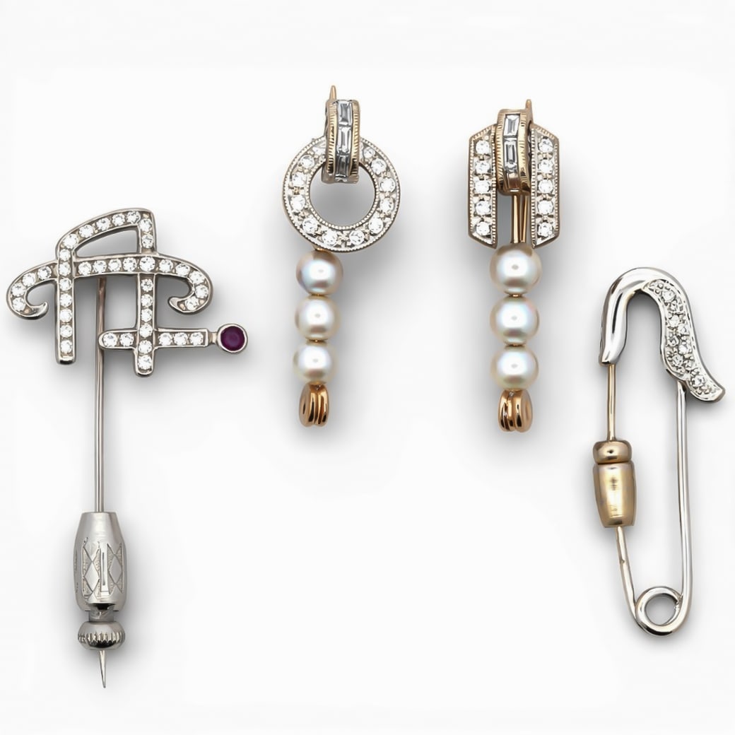 (4 Pcs) 14k-18k Gold Pearl & Diamond Pin Collection: (4 Pcs) 14k-18k Gold Pearl & Diamond Pin Collection Circa Early 20th Century A four-piece collection of gold pearl and diamond pins, composed of two matching 18k yellow gold bar pins and two 14k