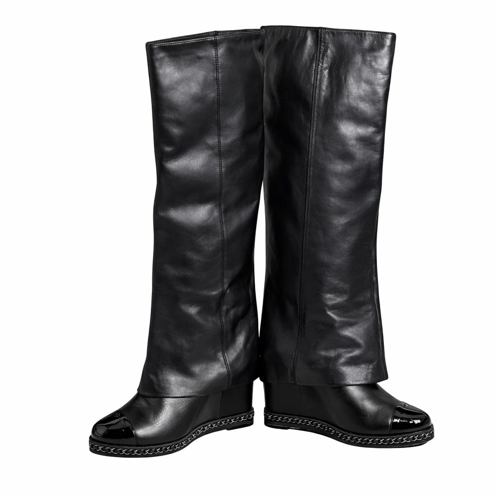 Chanel Black Leather Fold-Over Cap-Toe Chain Boots (1 of 7)