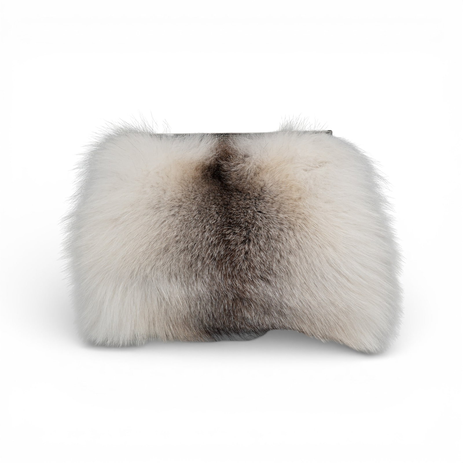 Gianfranco Ferre Fox Fur Clutch: Gianfranco Ferre Fox Fur ClutchLate 20th Cent.,ItalianThis clutch by Gianfranco Ferre features a striking natural pattern of creamy white fur with a distinct central patch, tipping of dark brown and a