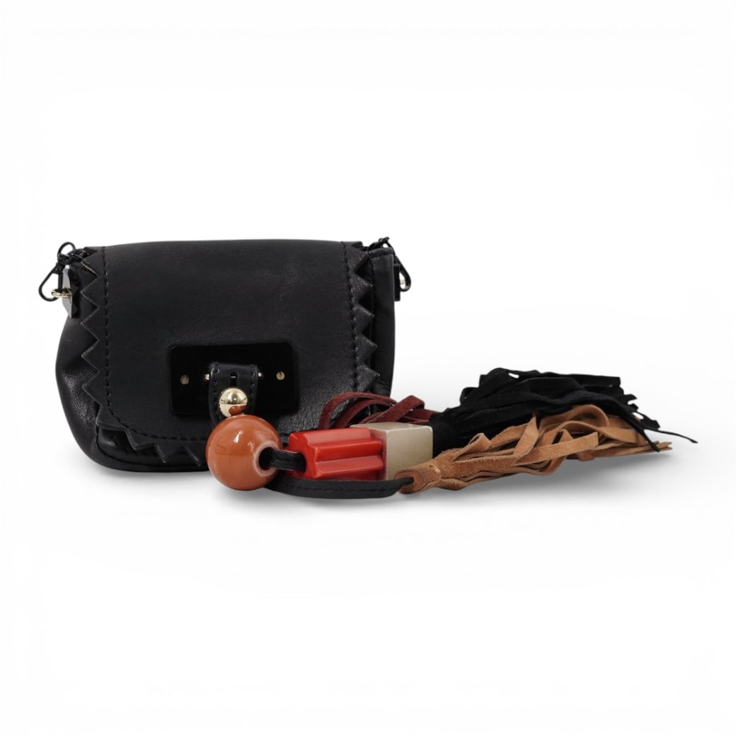 Sonia Rykiel Black Leather Crossbody Bag: Sonia Rykiel Black Leather Crossbody BagLate 20th-early 21st century, FrenchSonia Rykiel black leather crossbody bag featuring the brand's signature bohemian-rock aesthetic with a large, multicolor ta