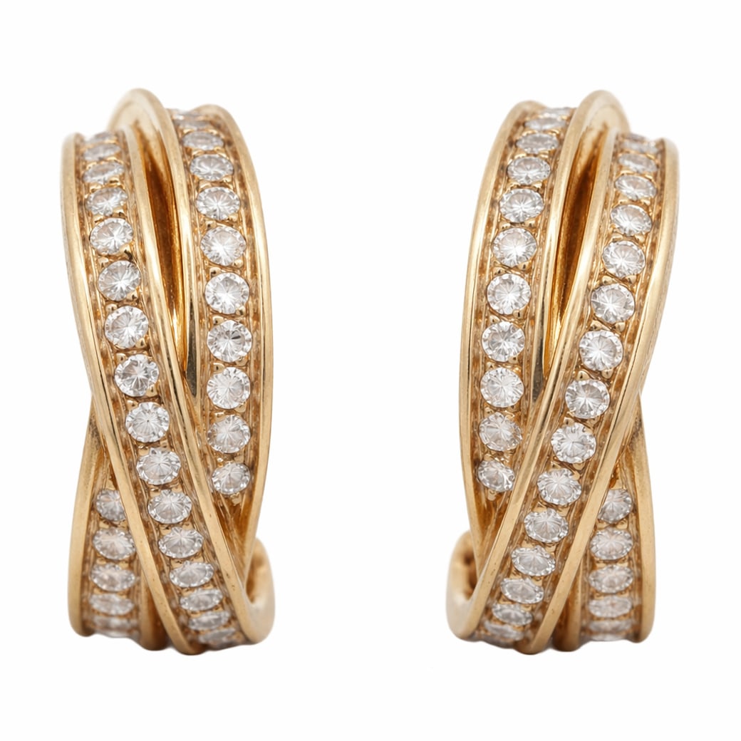 Cartier 18k Gold & Diamond Hoop Earrings: Cartier 18k Gold & Diamond Hoop EarringsLate 20th Century, FrenchCartier hoop earrings crafted in 18k yellow gold, each earring designed with a double-row profile set with round brilliant-cut diamonds