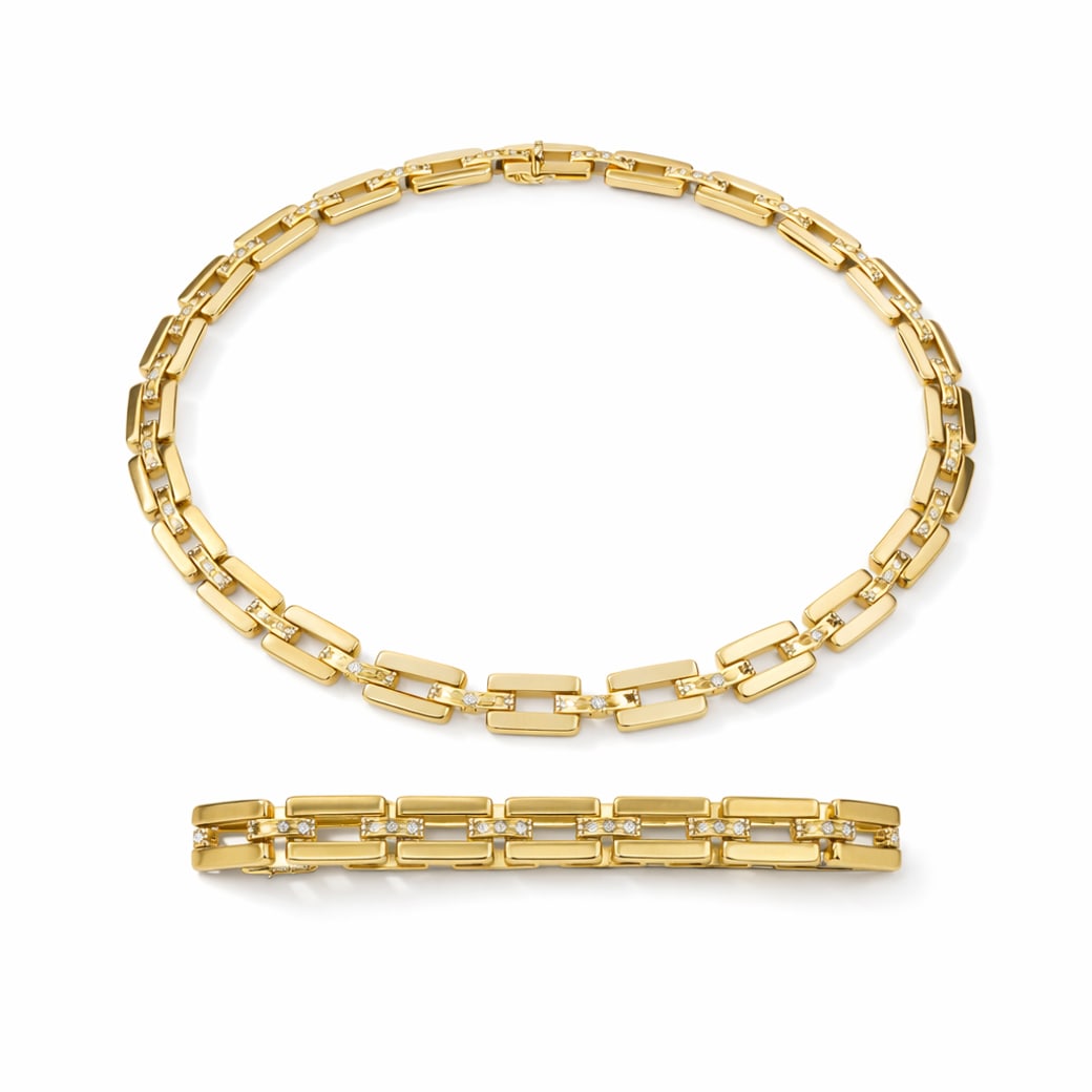 Cartier Panthere 18k Gold Necklace and Bracelet Set: Cartier Panthere 18k Gold Necklace and Bracelet SetCirca 1990s, FrenchVintage Cartier Panthère necklace and bracelet set, crafted in 18k yellow gold and composed of articulated rectangular Panthère-