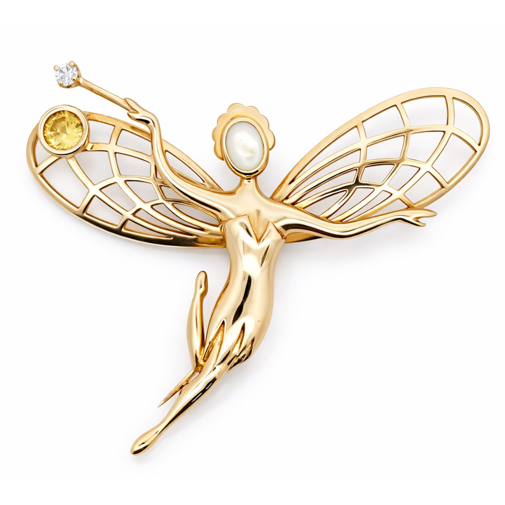 Van Cleef & Arpels 18k Gold Moonstone Citrine & Diamond "Spirit of Beauty" Brooch: Van Cleef & Arpels 18k Gold Moonstone Citrine & Diamond "Spirit of Beauty" BroochCirca 1970s-1980s, FrenchFigural fairy brooch by Van Cleef & Arpels executed in 18k yellow gold, designed with openwork