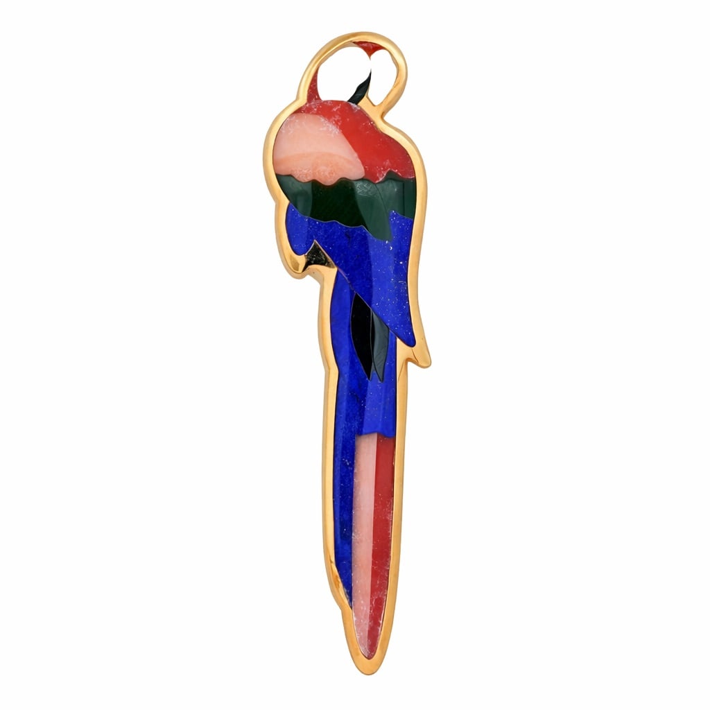 Angela Cummings Tiffany & Co. 18k Gold Parrot Brooch: Angela Cummings Tiffany & Co. 18k Gold Parrot BroochCirca: 1980s, USA.18k yellow gold parrot brooch designed by Angela Cummings for Tiffany & Co, inlaid with lapis lazuli, jasper, mother-of-pearl, and