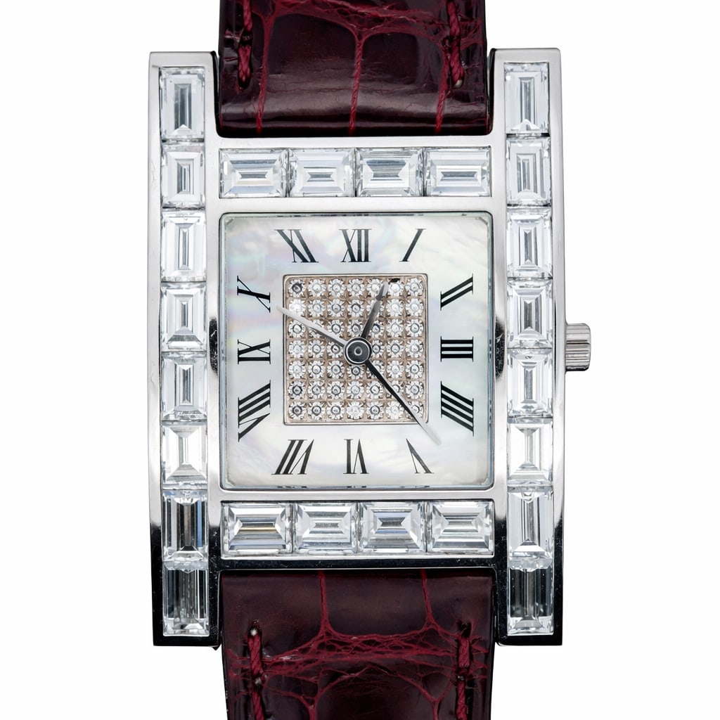 Chopard “Your Hour?? 18k Gold & Diamond Watch REF#13/5951: Chopard “Your Hour” 18k Gold & Diamond Watch REF#13/5951Circa: 2002, Switzerland.Chopard “Your Hour” H wristwatch in 18k white gold, the rectangular H-form case set with baguette-cut d