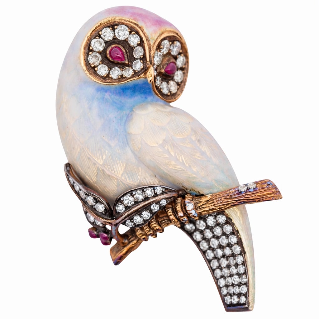 Vintage 18k Gold Diamond & Ruby Enamel Owl Brooch Signed (1 of 5)