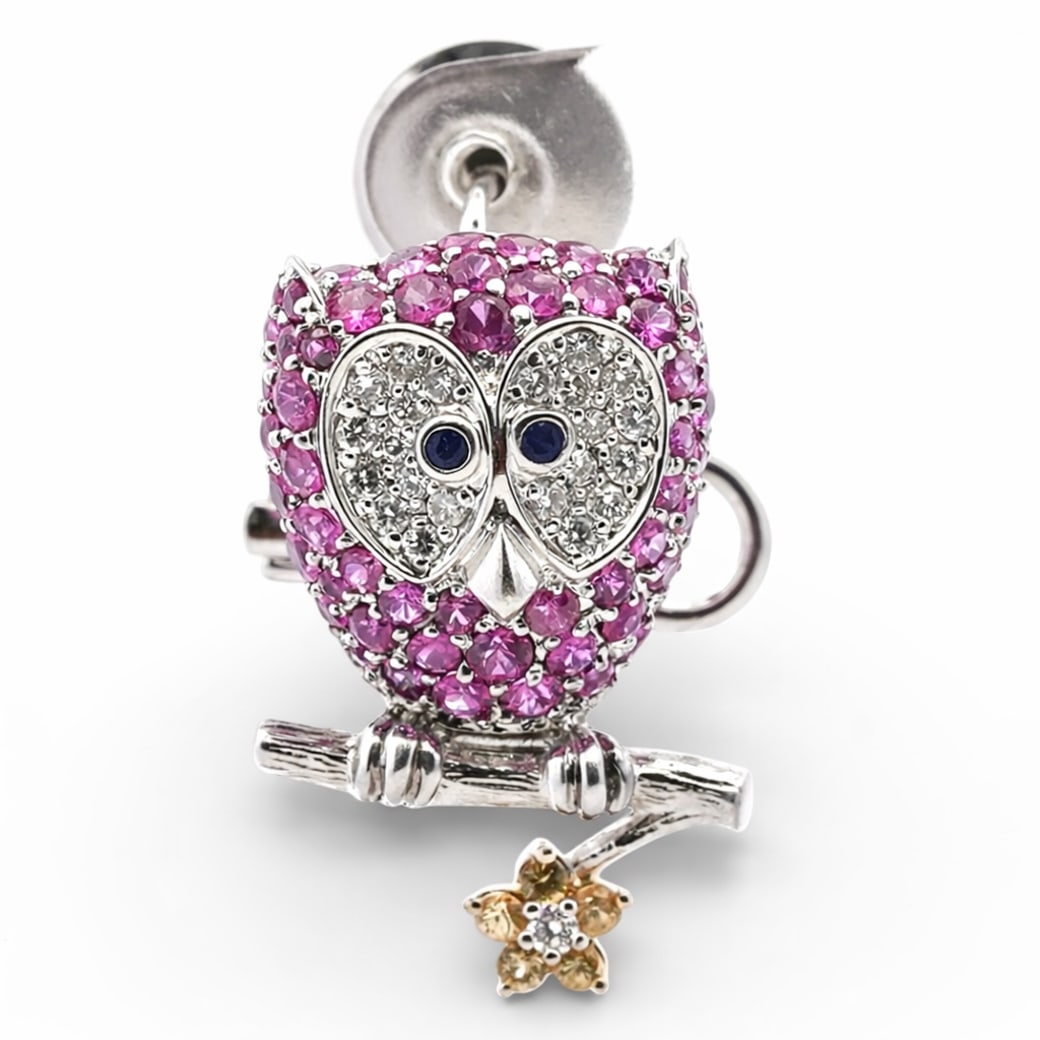Italian 18k Gold Ruby Sapphire & Diamond Owl Brooch (1 of 5)
