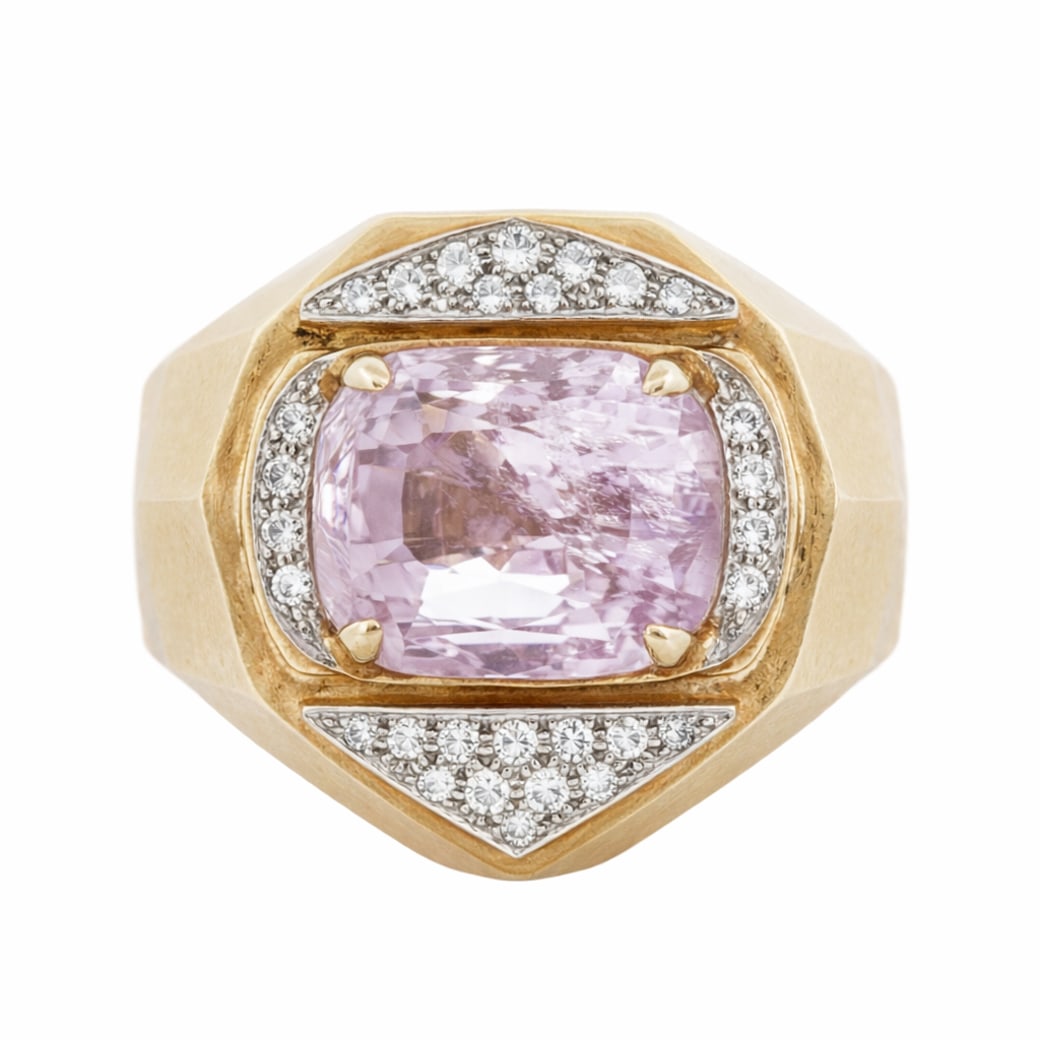 David Webb 18k Gold & Platinum Diamond Kunzite Ring: David Webb 18k Gold & Platinum Diamond Kunzite RingCirca 1970s-1980s, USADavid Webb ring centering a cushion-cut kunzite measuring approximately 18 × 14 mm and weighing approximately 12.5 carats, mou