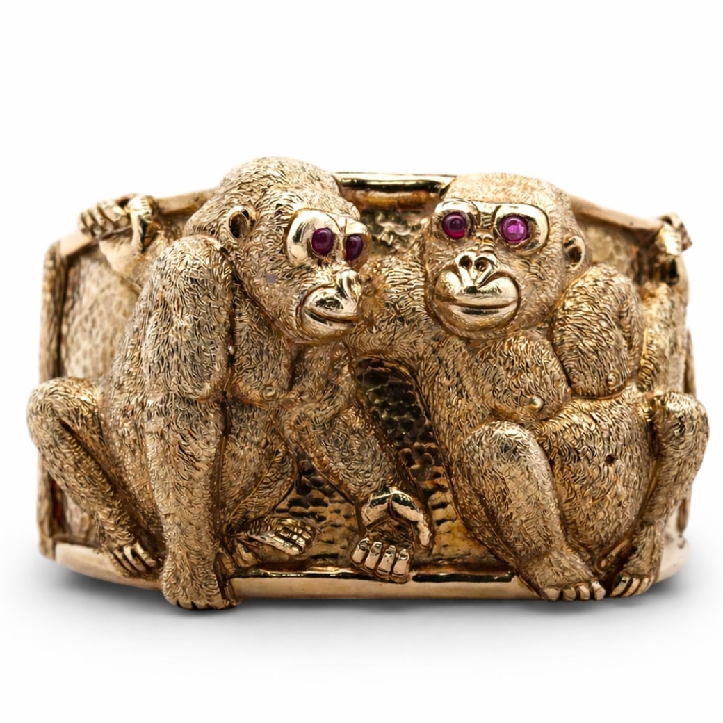 David Webb 18k Yellow Gold & Ruby Repousse "Twin Gorilla Cuff' (1 of 10)