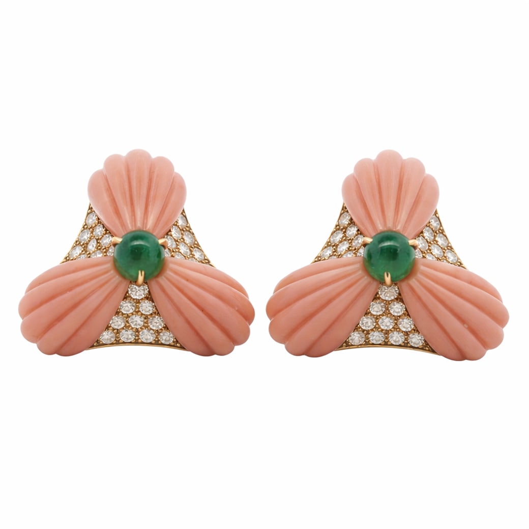 Vintage 18k Gold Diamond Emerald & Coral Earrings Signed: Vintage 18k Gold Diamond Emerald & Coral Earrings SignedCirca 1970s-1980s, ItalianVintage 18k gold earrings designed as stylized floral motifs, each centered by a round emerald cabochons weighing a co