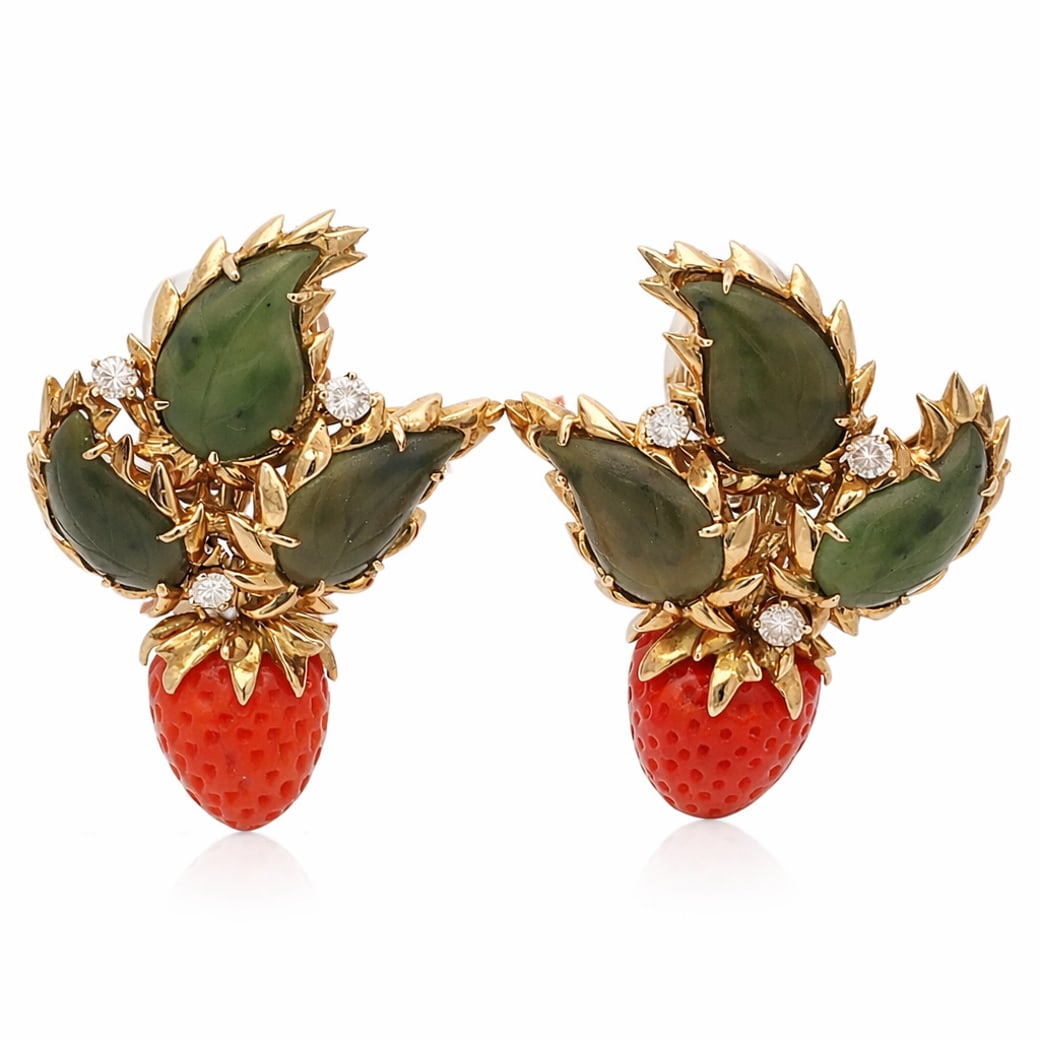 Tony Duquette 18k Gold Diamond, Jade & Coral “Strawberry?? Ear Clips: Tony Duquette 18k Gold Diamond, Jade & Coral “Strawberry” Ear ClipsCirca 1960s-1970s, USA18k gold earrings by Tony Duquette, each designed with carved green jade leaves and a carved coral stra