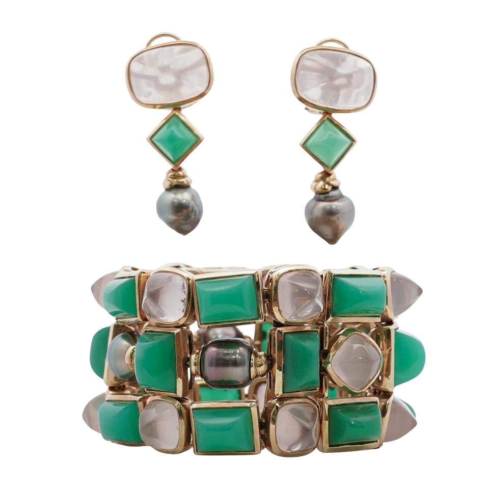 Tony Duquette 18k Gold Chrysoprase Rose Quartz and Tahitian Pearl Set: Tony Duquette 18k Gold Chrysoprase Rose Quartz and Tahitian Pearl SetCirca: 1980s–1990s, USA.18k yellow gold bracelet and matching earrings set by Tony Duquette. Set with polished cabochon chrysopra