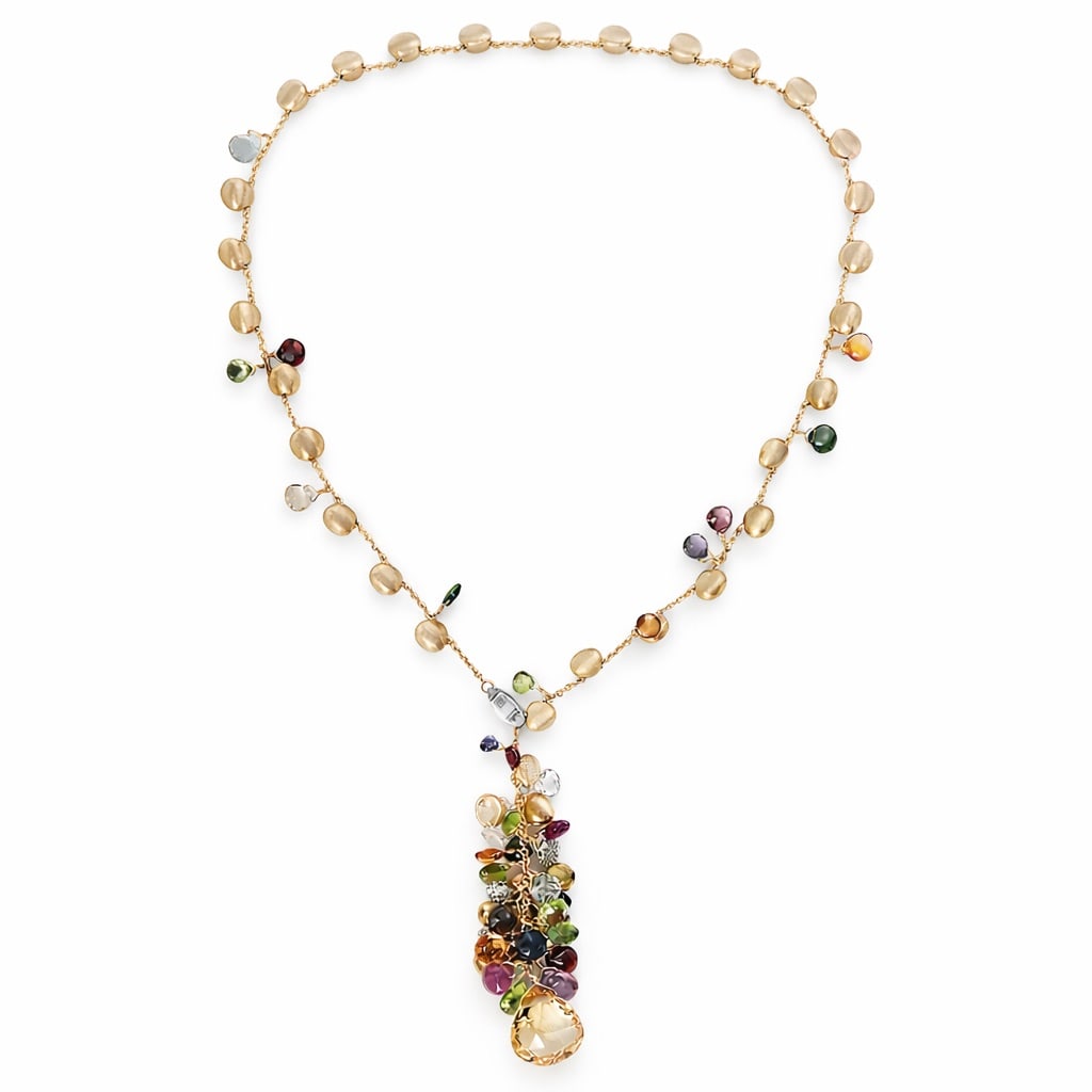 Marco Bicego 18k Gold Multi-Gem Drop Necklace: Marco Bicego 18k Gold Multi-Gem Drop NecklaceCirca: Early 21st Century, Italy.Marco Bicego necklace made in 18K yellow gold, featuring signature hand-engraved gold bead stations alternating with facet