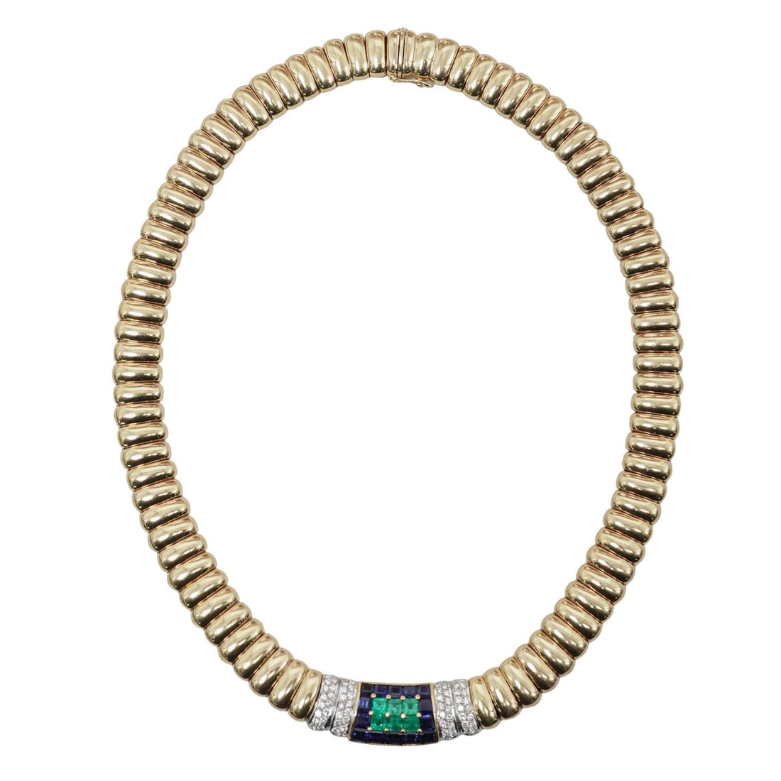 Wempe 18k Gold Emerald Sapphire & Diamond Tubogas Necklace: Wempe 18k Gold Emerald Sapphire & Diamond Tubogas NecklaceCirca: 1980s-1990s, Germany.18k yellow gold tubogas-style collar necklace by Wempe, composed of articulated rounded gas-pipe links throughout.