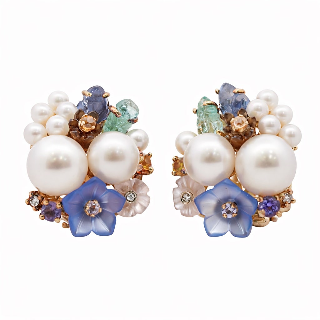 Santagostino 18k Gold Gemstone & Pearl Cluster Earrings: Santagostino 18k Gold Gemstone & Pearl Cluster EarringsCirca: 1990s-2000s, Italy.Vintage 18k yellow gold cluster earrings by Santagostino, set with mixed pearls—including baroque and button pearls m