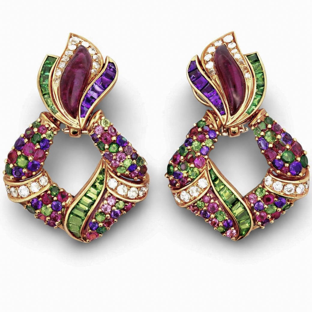 18k Gold Multi-Gemstone “Ribbon" Earrings: 18k Gold Multi-Gemstone “Ribbon” EarringsCirca: 1980s, Italy.A striking pair of Italian sculptural earrings, each formed as an interlaced ribbon set with vivid pavé gemstones including rubies
