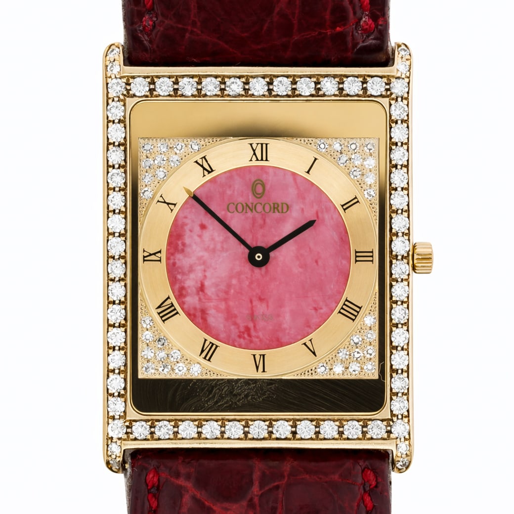 Concord “Delirium" 18k Gold Diamond & MOP Watch: Concord “Delirium” 18k Gold Diamond & MOP Watch1980s-1990s, SwissConcord Swiss wristwatch from the Delirium collection, crafted in solid 18k yellow gold, with rectangular case stamped 18K and