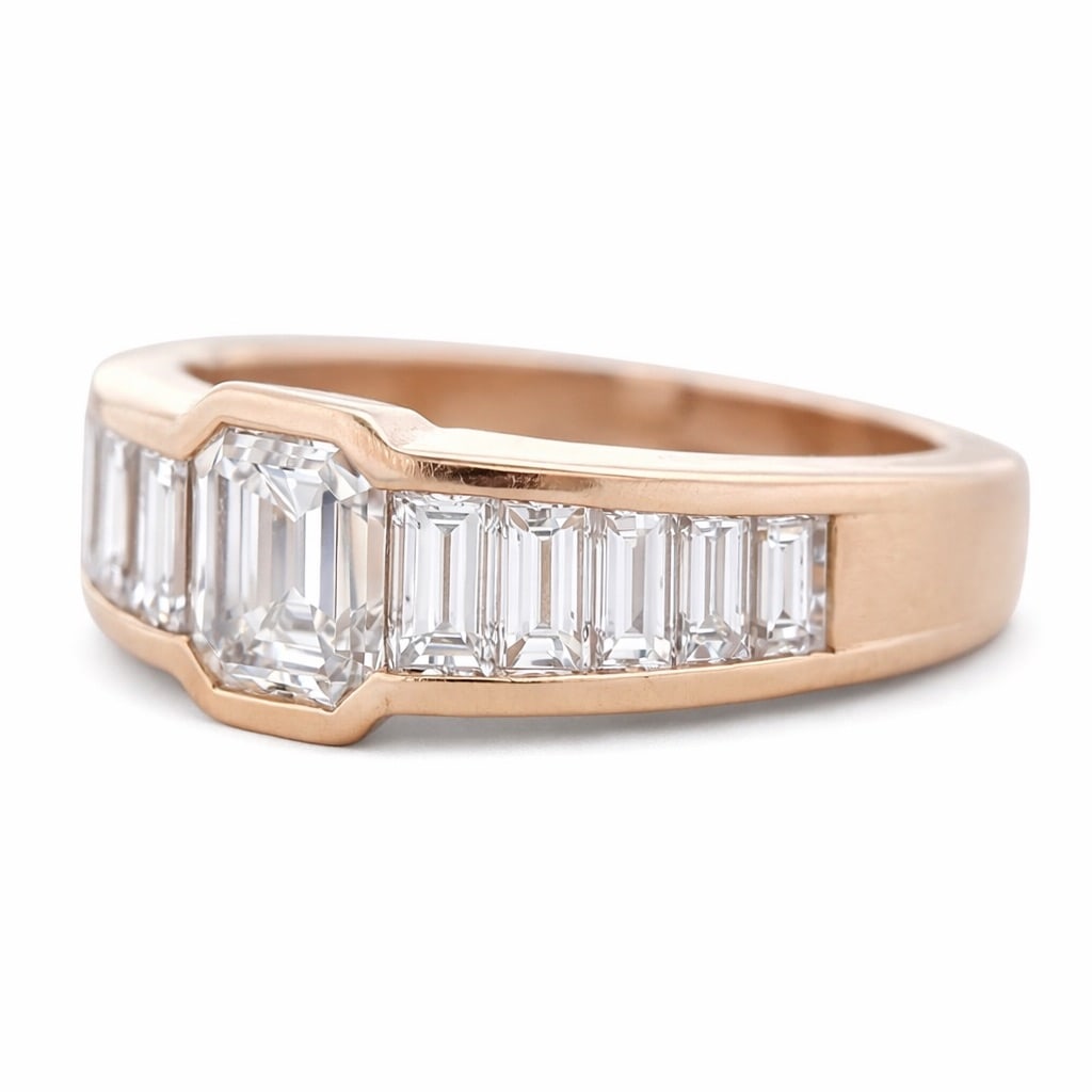 18k Gold Emerald Cut Diamond & Baguette Ring Signed: 18k Gold Emerald Cut Diamond & Baguette Ring Signed1980s, FrenchMiid-20th century French diamond ring executed in 18k yellow gold, centered by an emerald-cut diamond weighing approximately 2.00 carats