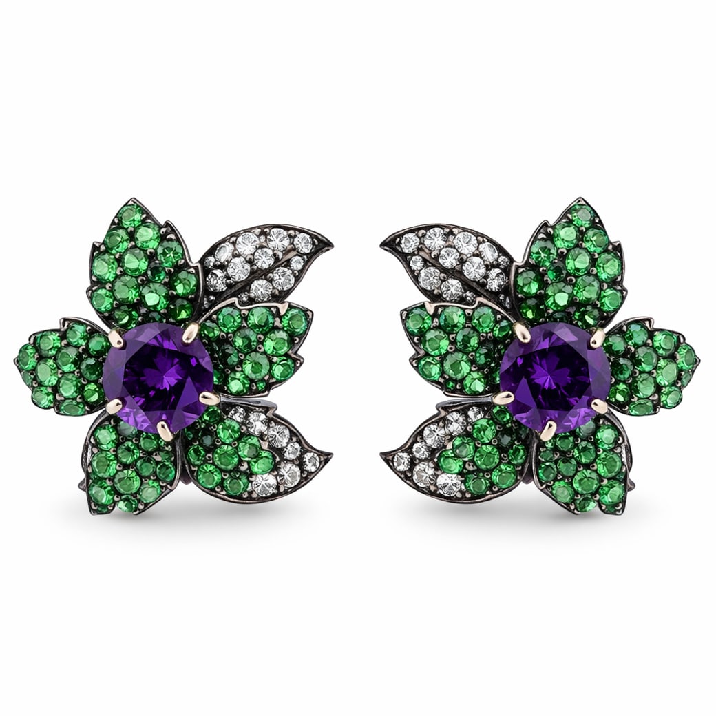 18k Gold Amethyst Tsavorite & Diamond Floral Earrings: 18k Gold Amethyst Tsavorite & Diamond Floral EarringsCirca Late 20th Century18k yellow gold floral earrings designed as layered blossoms, each centered by a round faceted amethyst weighing approximate