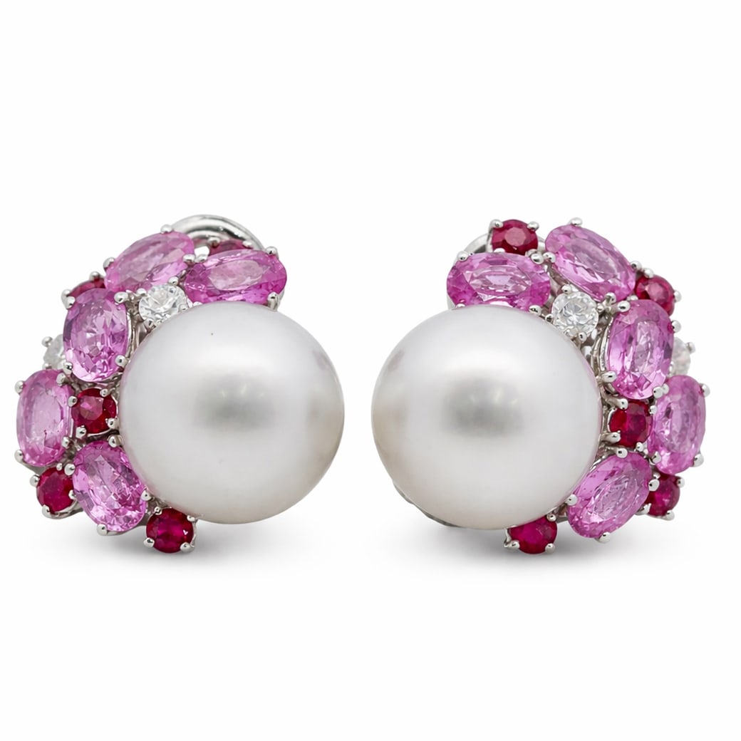 18k Gold Sapphire Ruby Diamond & Pearl Earrings (1 of 6)