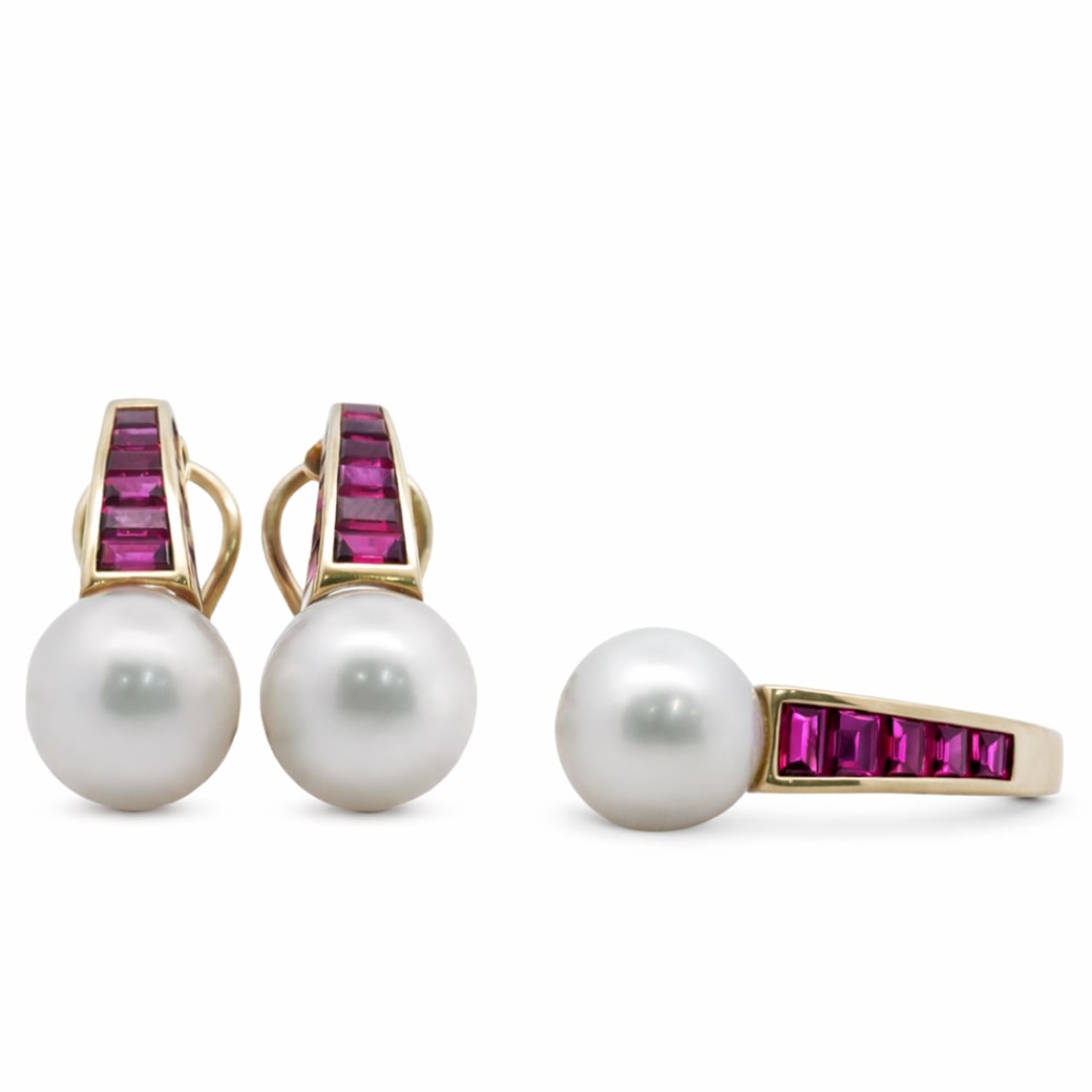 (3 Pcs) 14k Gold Pearl & Ruby Ring and Earring Set (1 of 9)