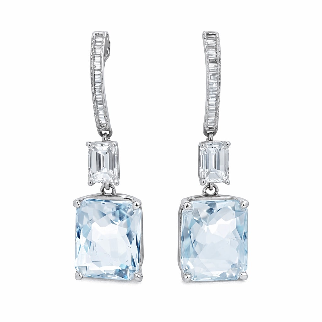 18k White Gold Aquamarine & Diamond Drop Earrings (1 of 3)