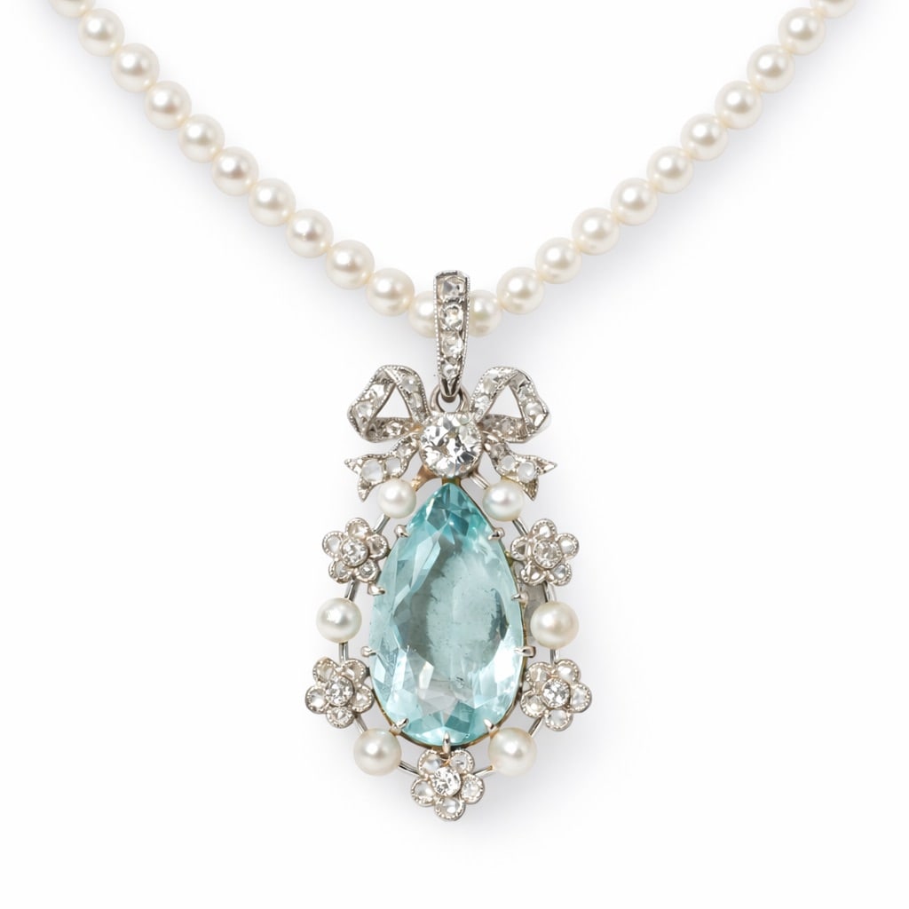 Platinum Aquamarine Diamond & Pearl Necklace (1 of 6)