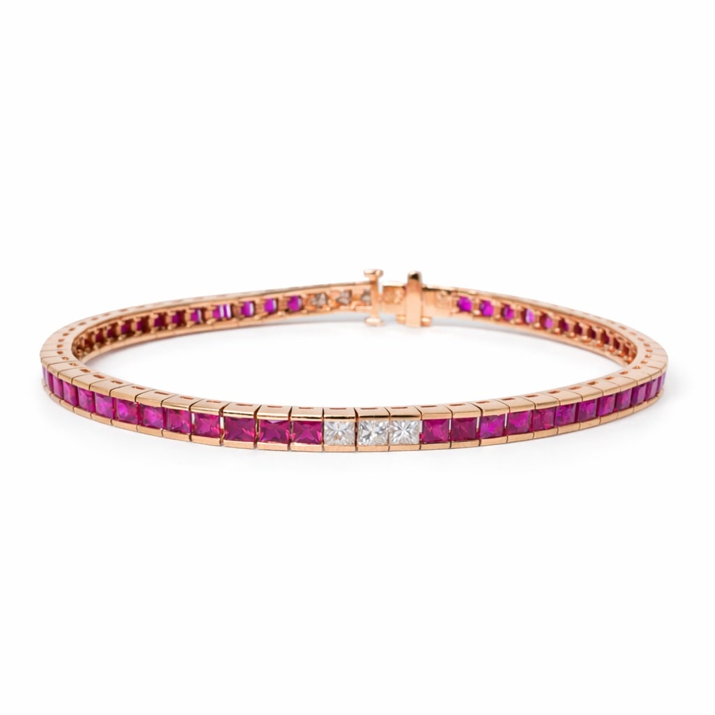18k Gold Ruby & Diamond Channel Set Tennis Bracelet Signed (1 of 6)