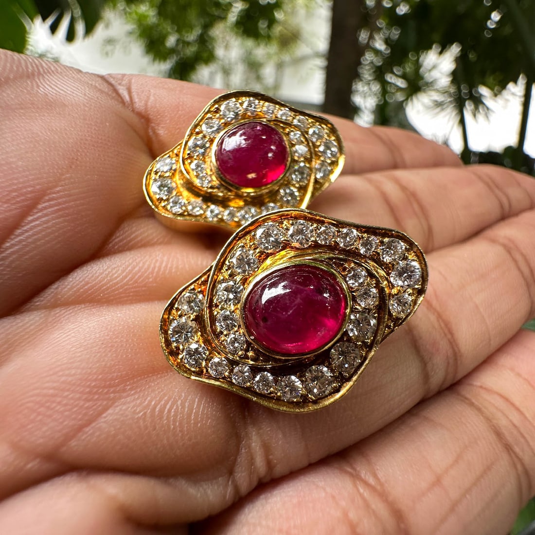 18k Gold Ruby & Diamond Earrings Signed - 2