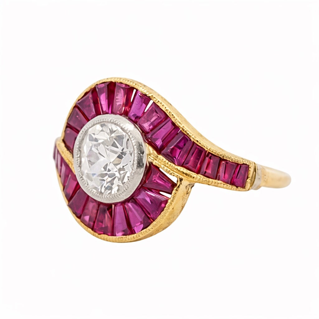 18k Gold Platinum Diamond & Ruby French Art Deco Style Ring (1 of 5)