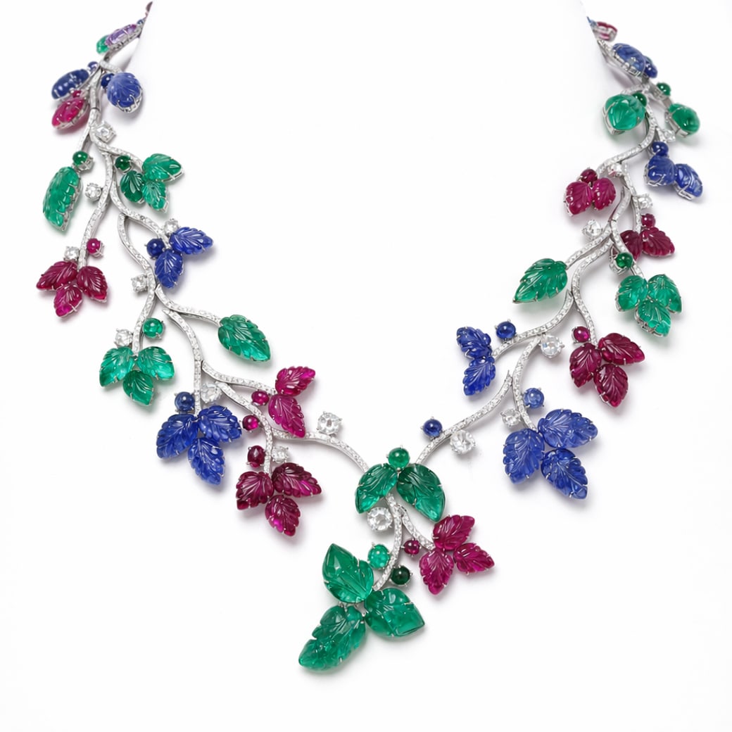 18k Gold Emerald Ruby Sapphire & Diamond High Jewelry Necklace Signed: 18k Gold Emerald Ruby Sapphire & Diamond High Jewelry Necklace SignedHigh jewelry foliate vine necklace crafted in 18K white gold, designed as an articulated botanical composition set with finely hand