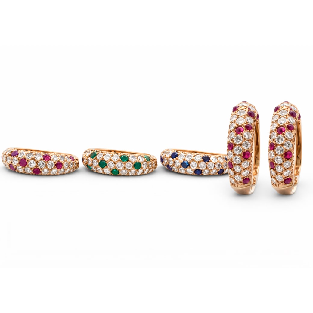 (5 pcs) Van Cleef & Arpels 18k Gold Diamond Emerald Ruby & Sapphire Ring & Earring Set (1 of 14)