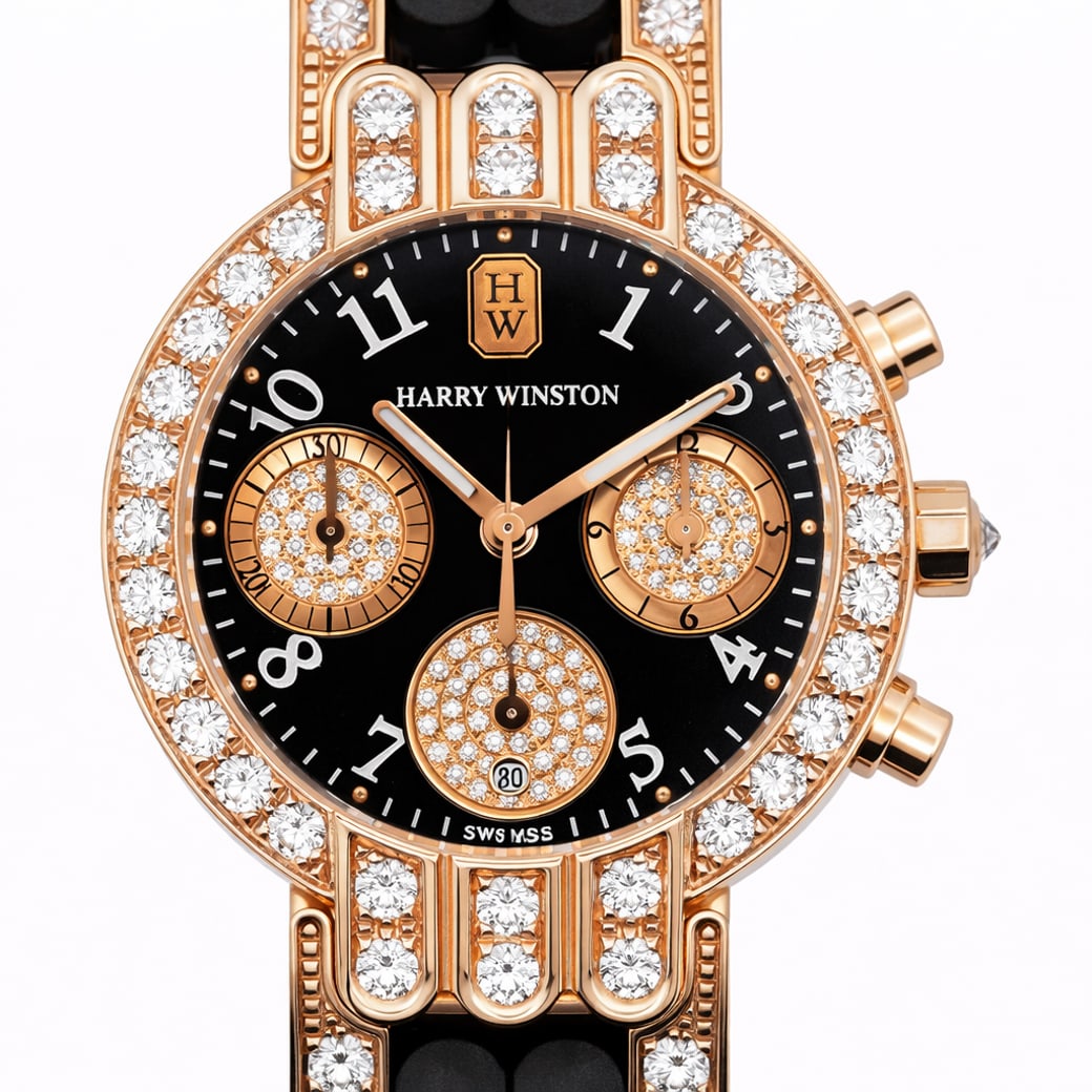 Harry Winston Premier Chronograph 18k Rose Gold & Diamond with Original Box and Papers: Harry Winston Premier Chronograph 18k Rose Gold & Diamond with Original Box and PapersCirca: 2006, USA.Harry Winston Premier Chronograph wristwatch in 18k rose gold, the black dial with three diamond-