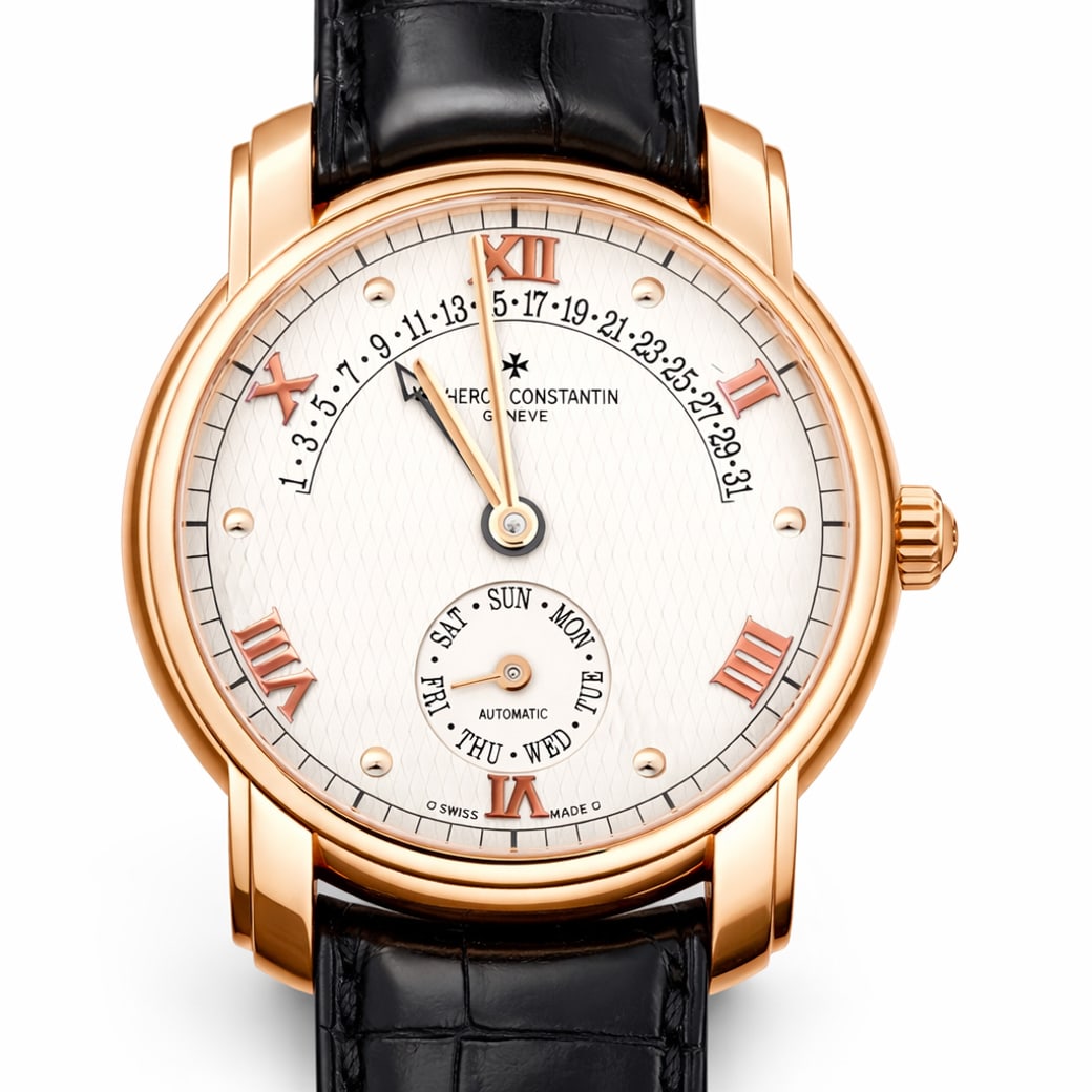 Vacheron Constantin Patrimony Retrograde Day Date 18k Gold Watch: Vacheron Constantin Patrimony Retrograde Day Date 18k Gold Watch2000s, SwissVacheron Constantin Patrimony Retrograde wristwatch, reference 47245, with automatic movement and retrograde date complicati