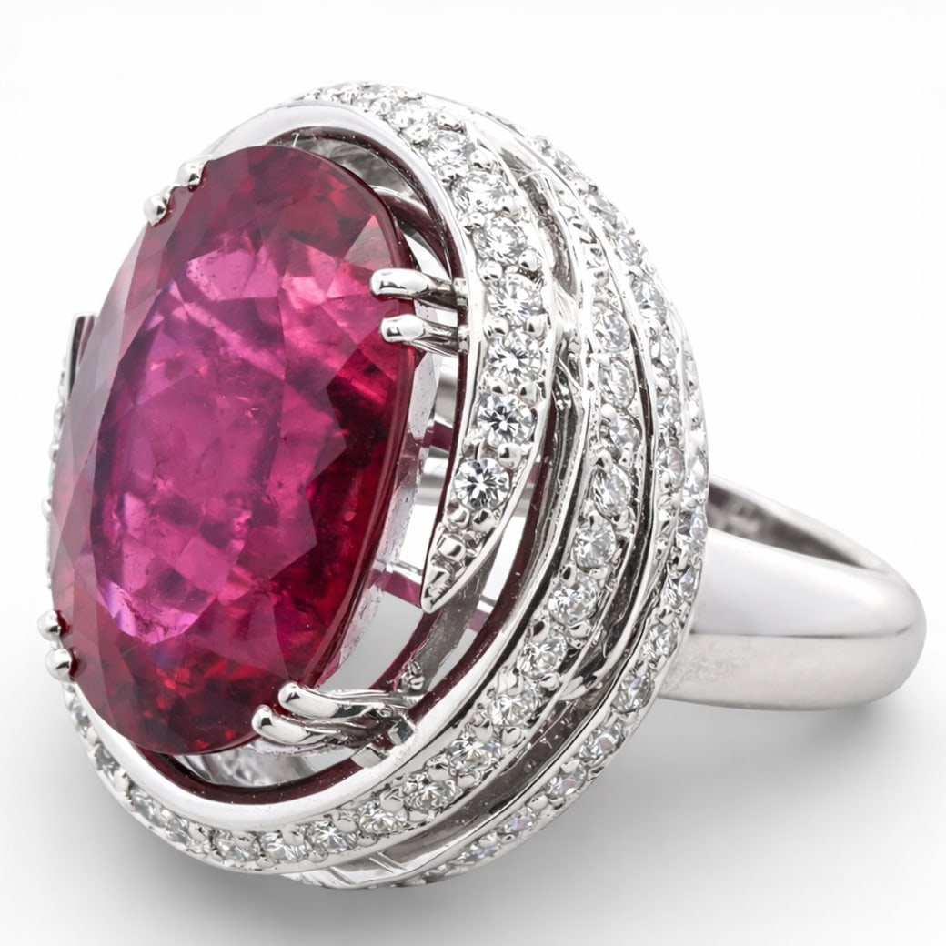 18k White Gold Rubellite & Diamond Ring Signed (1 of 5)