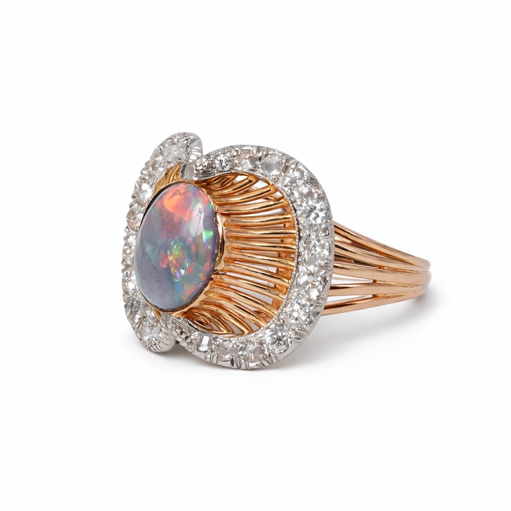 Vintage 18k Gold Diamond & Black Opal Ring Signed (1 of 7)