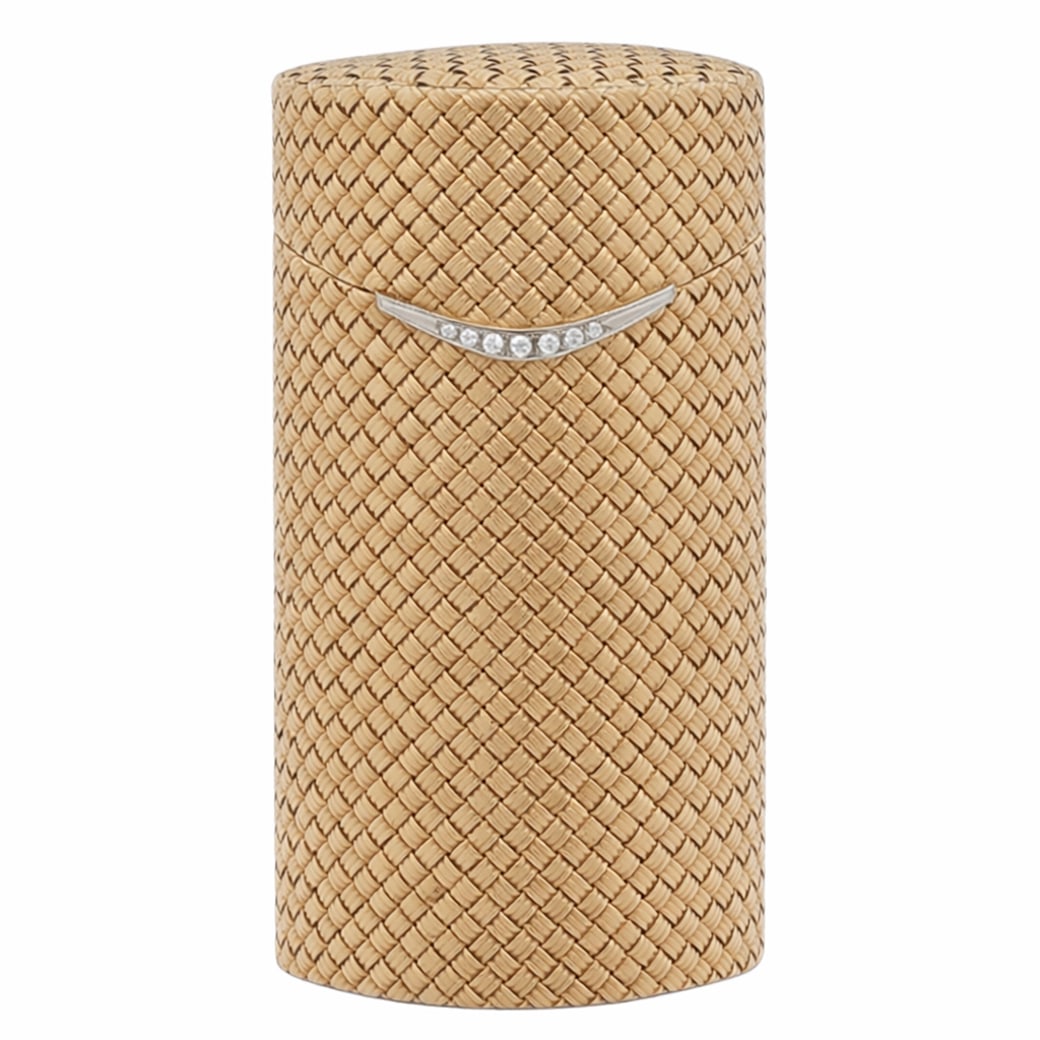 French 18k Gold & Diamond Woven Mesh Cigarette Case Signed: French 18k Gold & Diamond Woven Mesh Cigarette Case SignedCirca 1950s, FrenchFrench 1950's cigarette case finely executed in solid 18k gold, the tapered rectangular body formed entirely of dense hand-