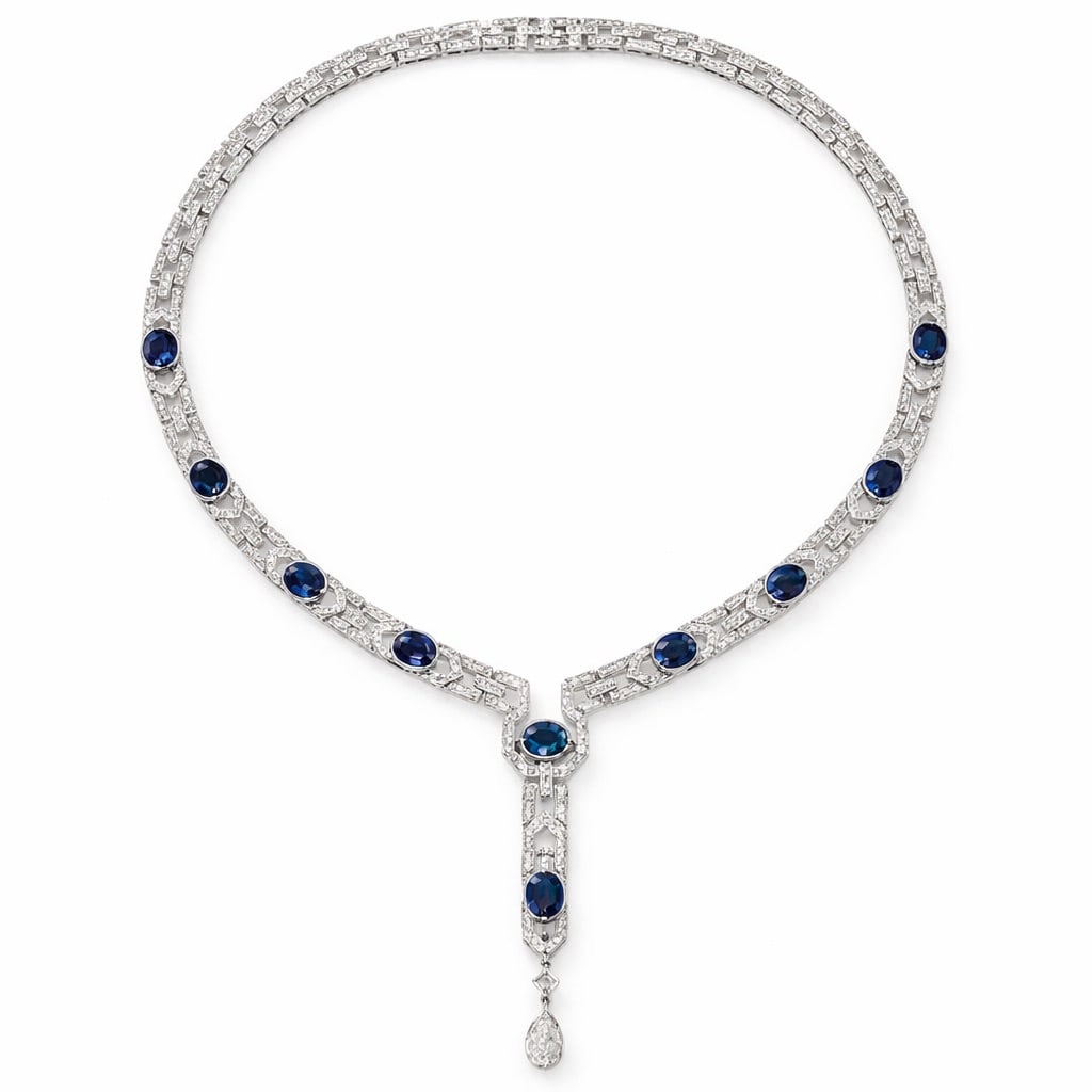 18k Gold Diamond & Sapphire Art Deco Style Necklace: 18k Gold Diamond & Sapphire Art Deco Style NecklaceCirca 1990sArticulated 18k white gold necklace of geometric Art Deco style construction, composed of rectangular pavé set diamond links alternating