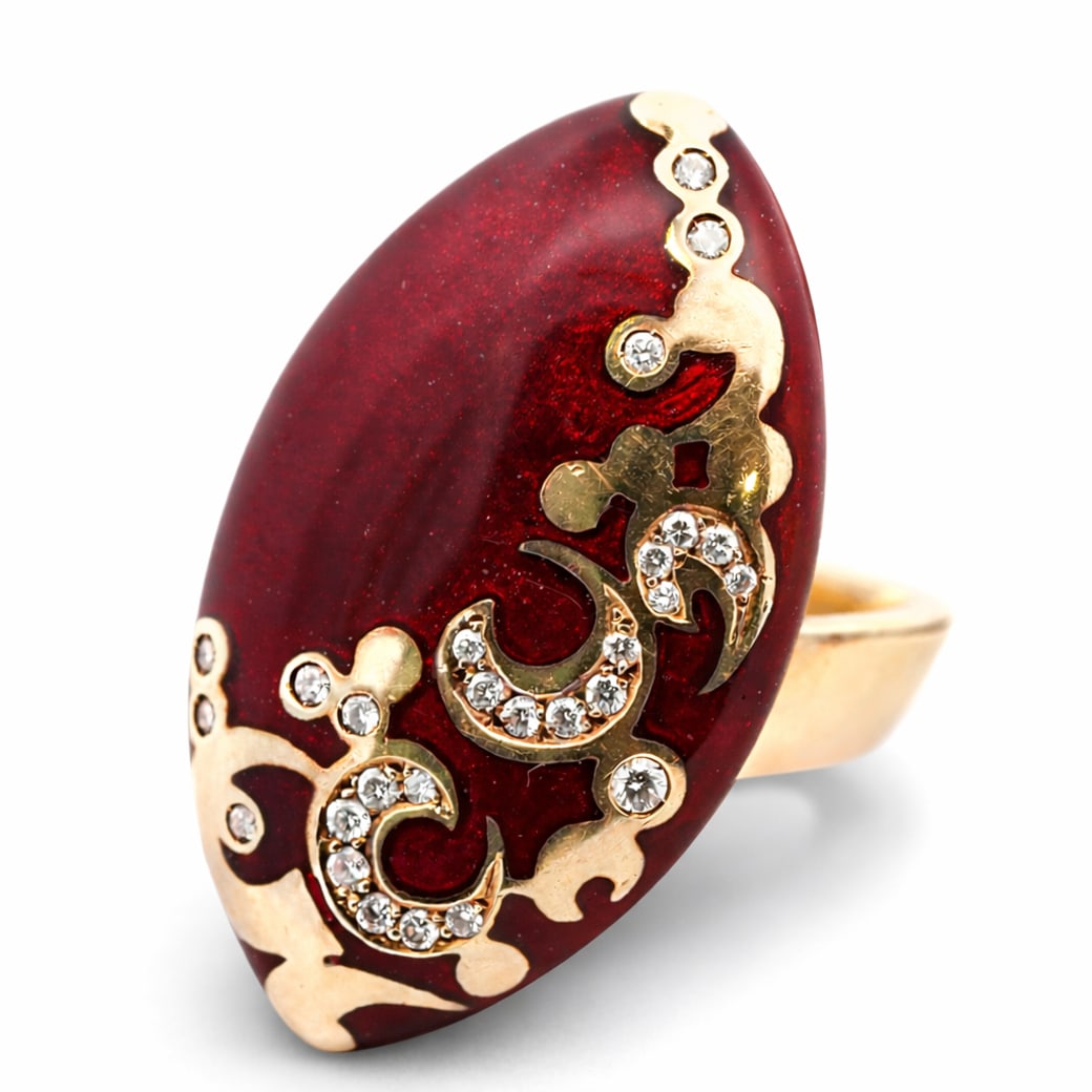 Alessandro Falfani 18k Gold Diamond & Enamel Ring: Alessandro Falfani 18k Gold Diamond & Enamel RingCirca 1990s, Italian18k yellow gold ring by Alessandro Fanfani, centered by an oval domed red enamel panel, the surface framed and overlaid with scroll