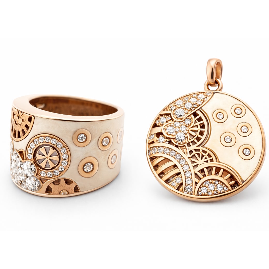 (2 Pcs) Italian 18k Gold Diamond & Enamel Pendant & Ring Set (1 of 10)