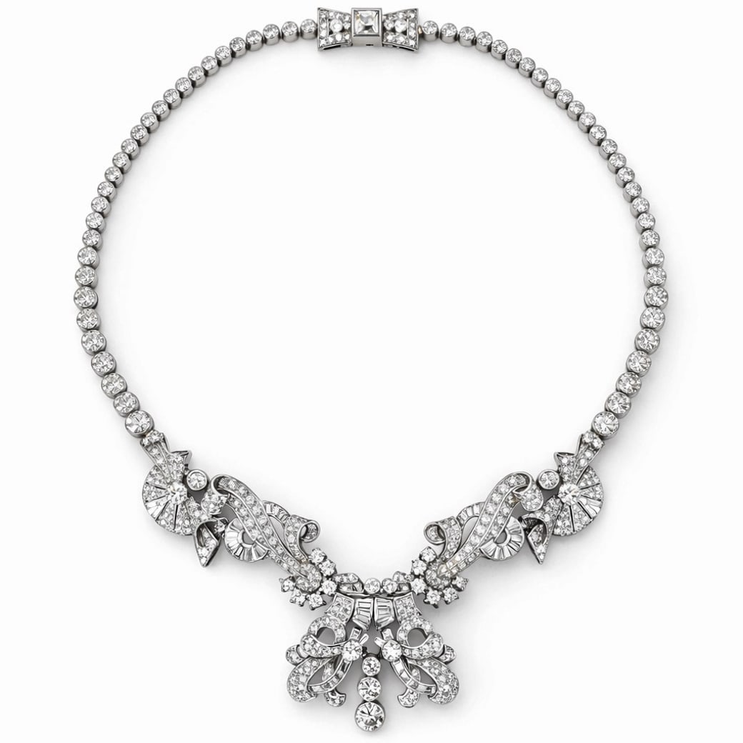 Art Deco Platinum & Diamond Riviera Necklace: Art Deco Platinum & Diamond Riviera NecklaceCirca 1930s–1940s, EuropeanArt Deco handmade platinum diamond rivière necklace constructed as a continuous line of bezel-set round diamonds, finished wit